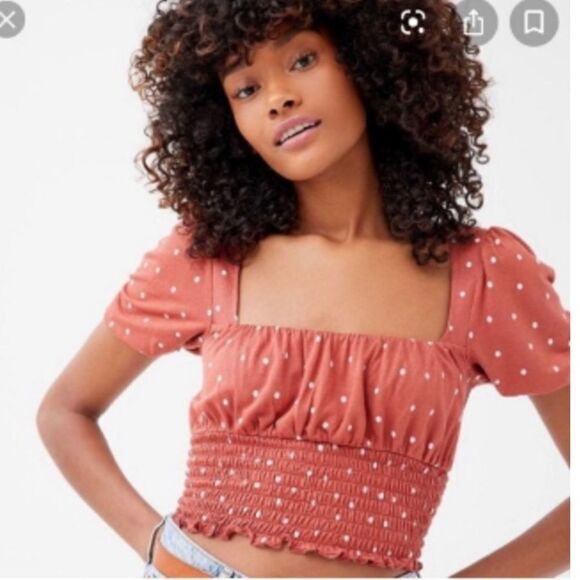 Urban Outfitters UO Polka Dot Square Neck Smocked Crop Top Rust Small - Picture 3 of 8